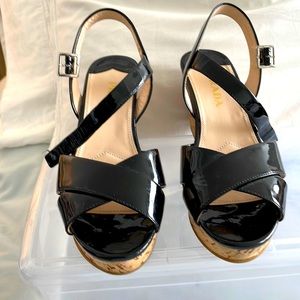 PRADA women black patent leather wedge with ankle strap. Size 38.